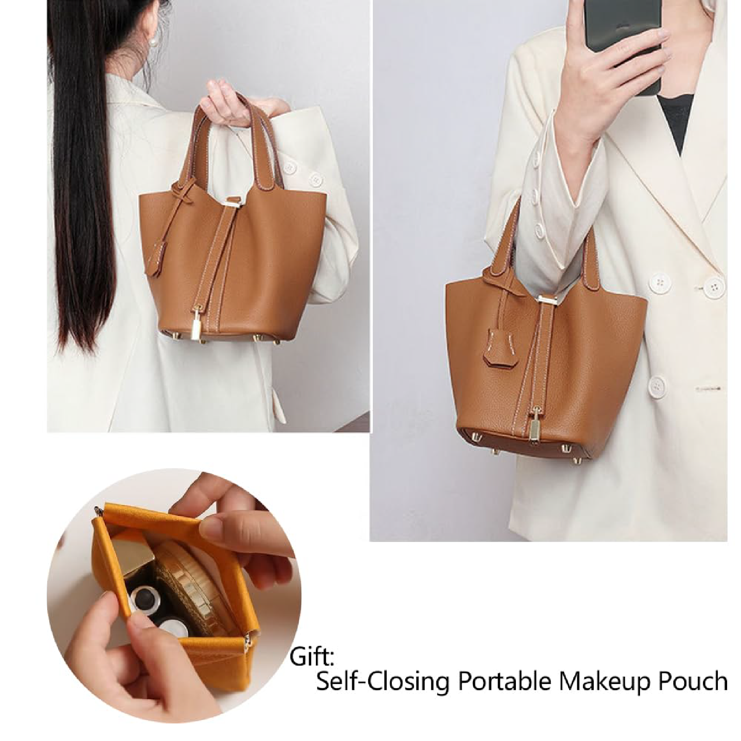 Women's Genuine Leather Bucket Bag with Lock Design - Lightweight Shoulder Bag, Versatile Tote for Travel & Daily Use (7.5x5.9x7.1 in)