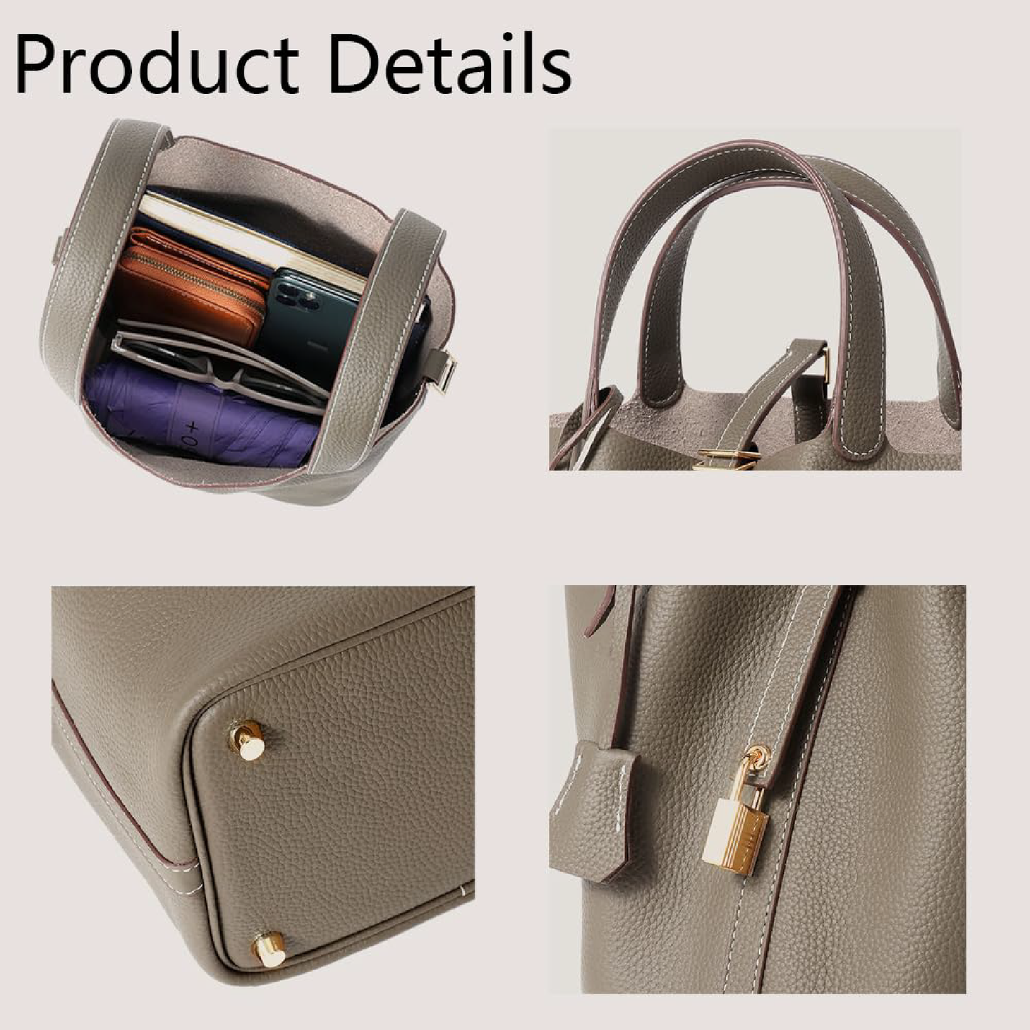 Women's Genuine Leather Bucket Bag with Lock Design - Lightweight Shoulder Bag, Versatile Tote for Travel & Daily Use (7.5x5.9x7.1 in)