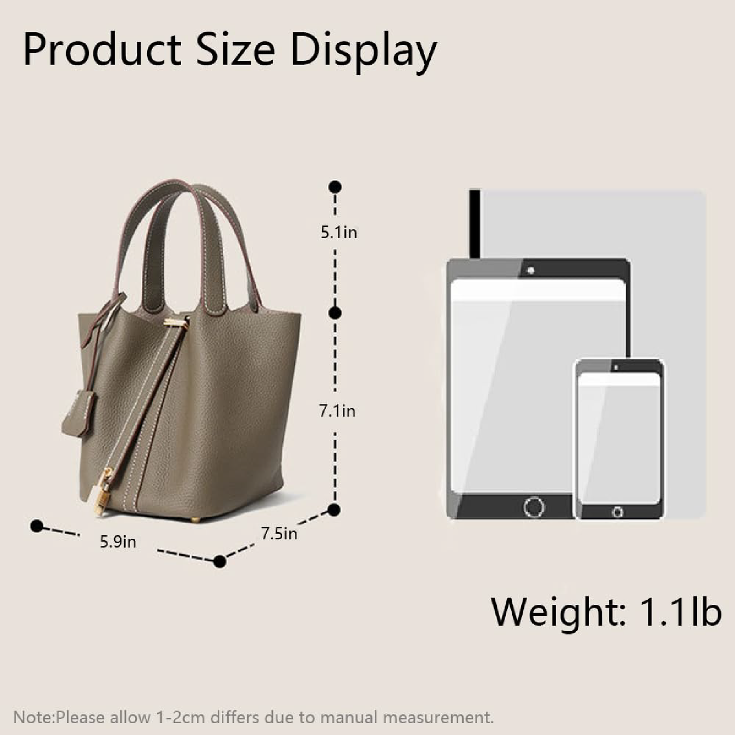 Women's Genuine Leather Bucket Bag with Lock Design - Lightweight Shoulder Bag, Versatile Tote for Travel & Daily Use (7.5x5.9x7.1 in)