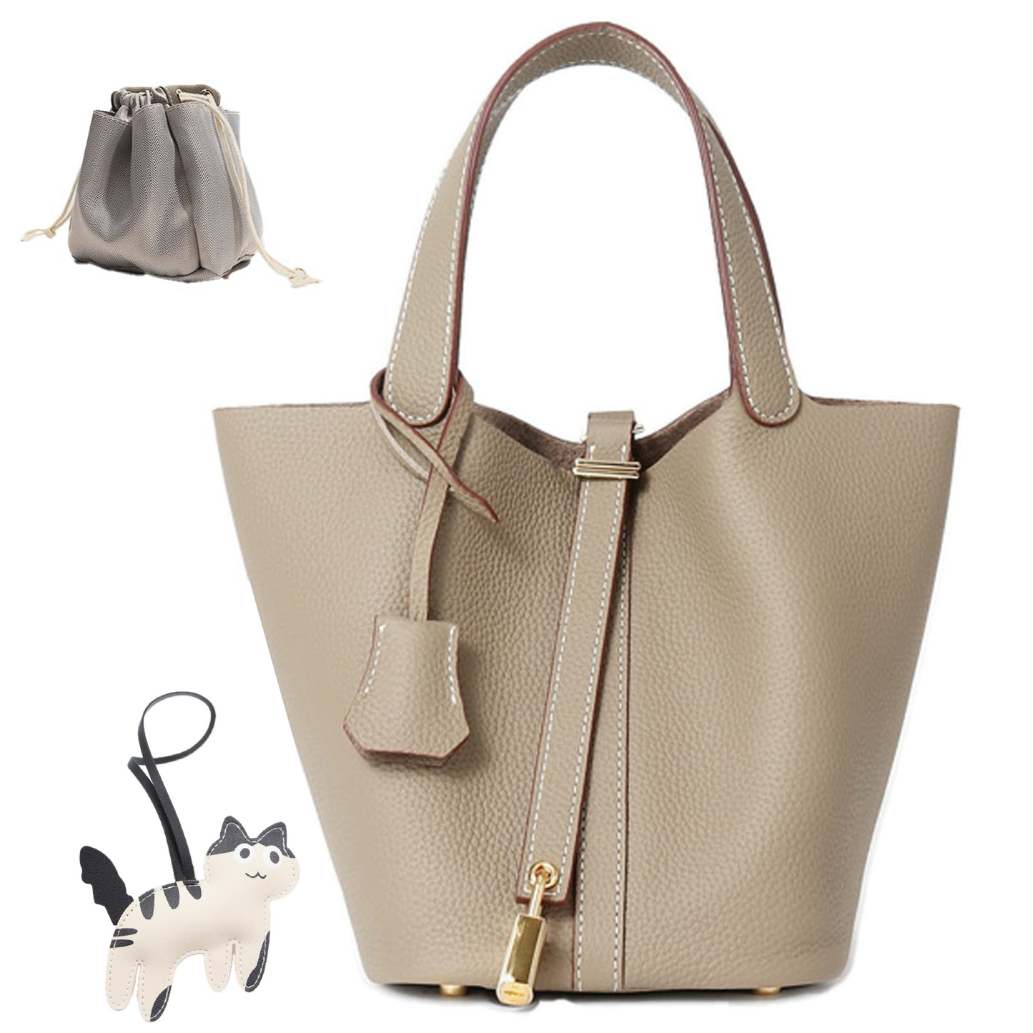Women's Genuine Leather Bucket Bag with Lock Design - Lightweight Shoulder Bag, Versatile Tote for Travel & Daily Use (7.5x5.9x7.1 in)