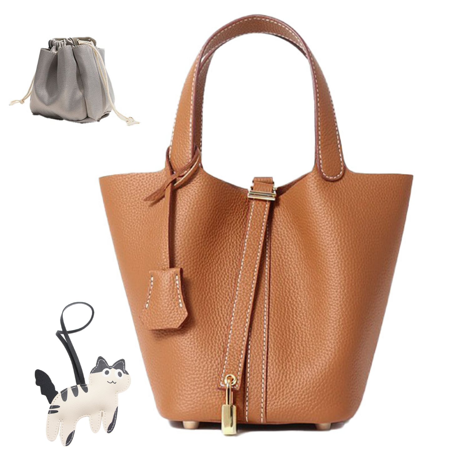 Women's Genuine Leather Bucket Bag with Lock Design - Lightweight Shoulder Bag, Versatile Tote for Travel & Daily Use (7.5x5.9x7.1 in)