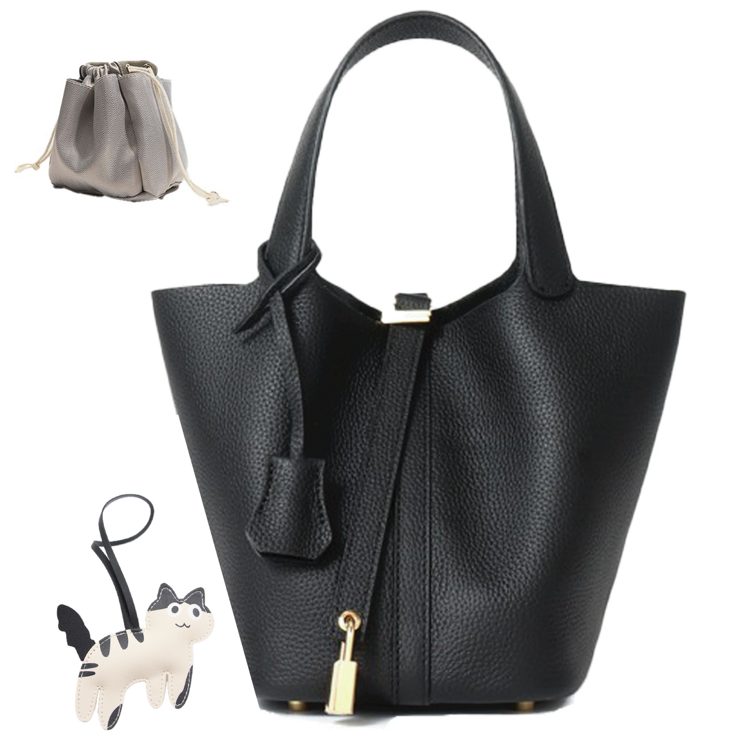 Women's Genuine Leather Bucket Bag with Lock Design - Lightweight Shoulder Bag, Versatile Tote for Travel & Daily Use (7.5x5.9x7.1 in)