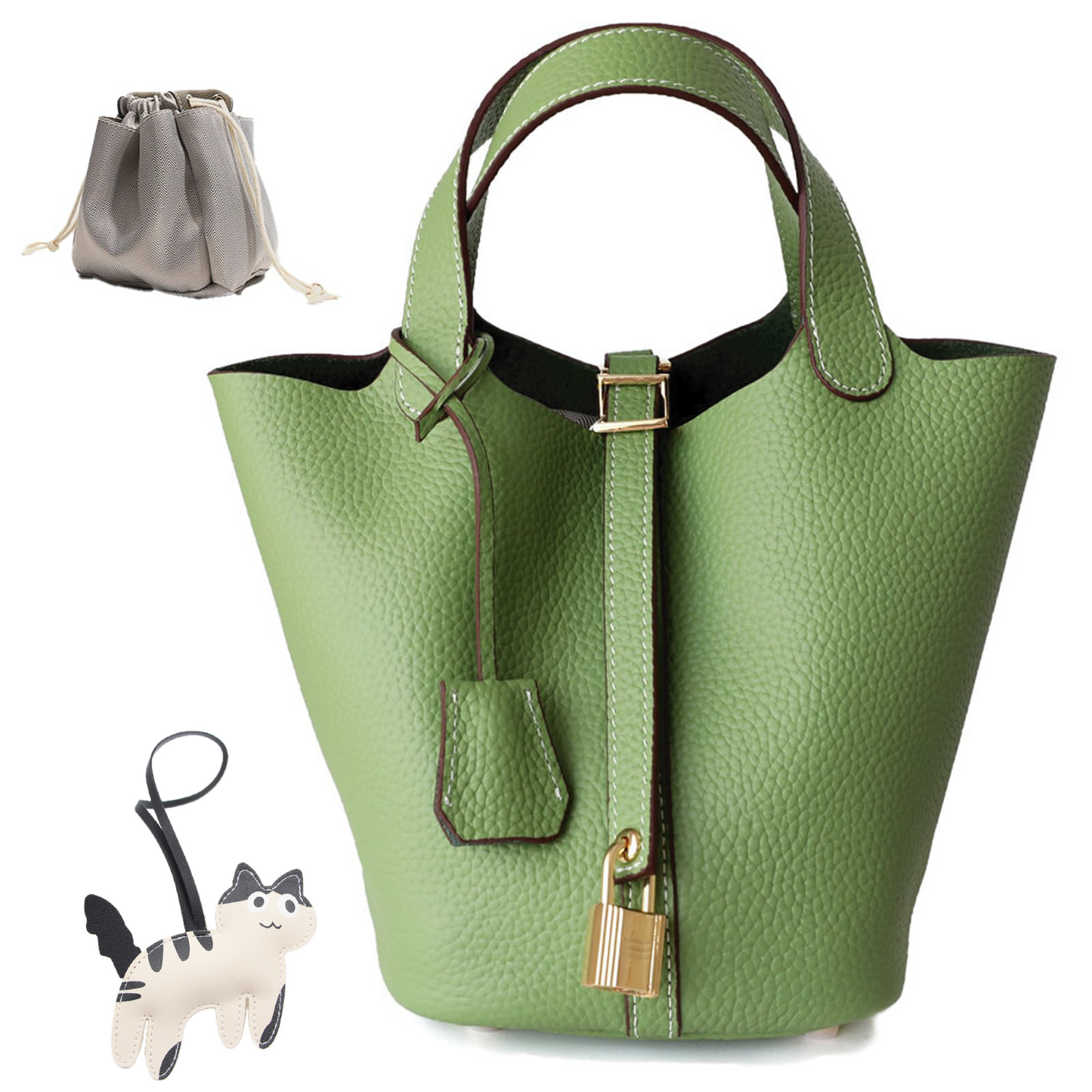 Women's Genuine Leather Bucket Bag with Lock Design - Lightweight Shoulder Bag, Versatile Tote for Travel & Daily Use (7.5x5.9x7.1 in)