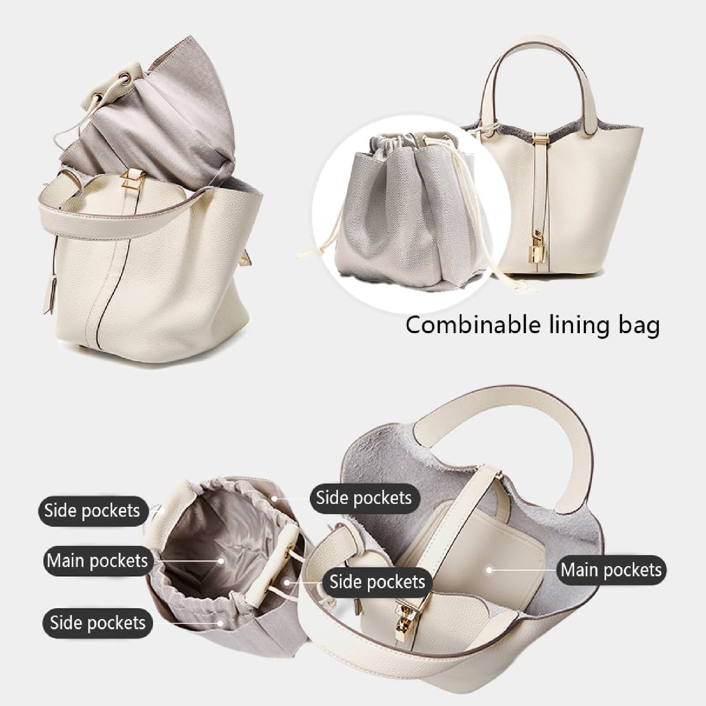 Women's Genuine Leather Bucket Bag with Lock Design - Lightweight Shoulder Bag, Versatile Tote for Travel & Daily Use (7.5x5.9x7.1 in)