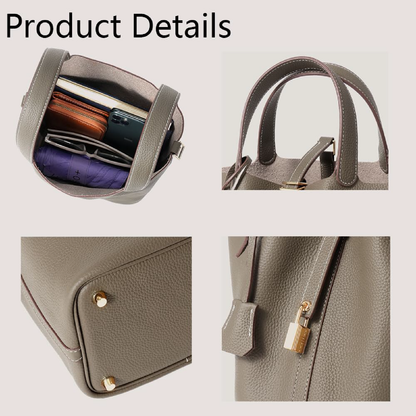 Women's Genuine Leather Bucket Bag with Lock Design - Lightweight Shoulder Bag, Versatile Tote for Travel & Daily Use (7.5x5.9x7.1 in)