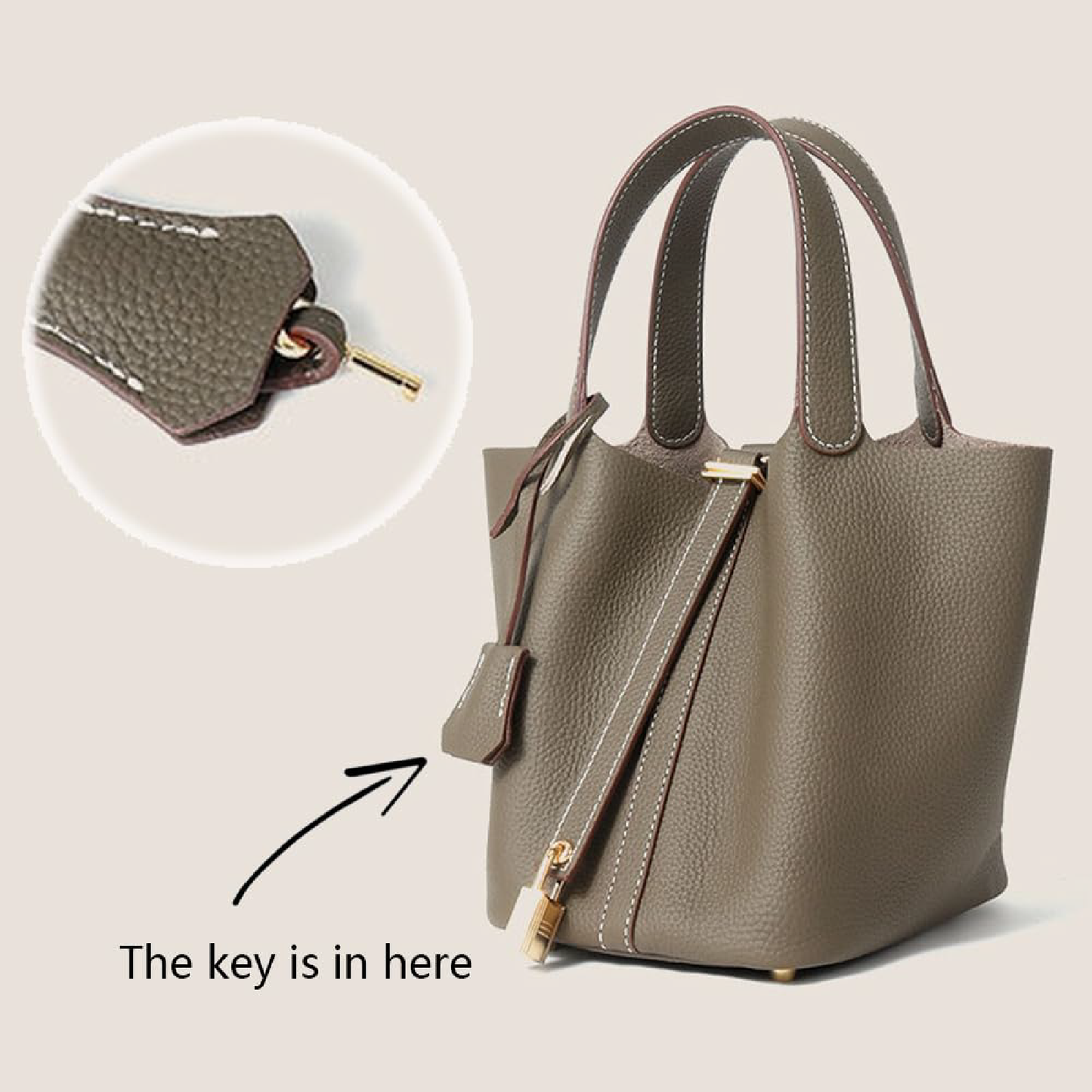 Women's Genuine Leather Bucket Bag with Lock Design - Lightweight Shoulder Bag, Versatile Tote for Travel & Daily Use (7.5x5.9x7.1 in)