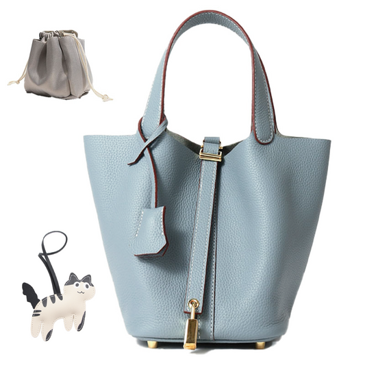 Women's Genuine Leather Bucket Bag with Lock Design - Lightweight Shoulder Bag, Versatile Tote for Travel & Daily Use (7.5x5.9x7.1 in)