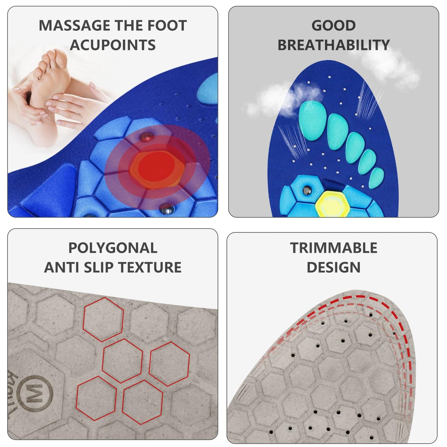 Magnetic Insoles Foot Pain Relief - Reflexology Massage & Arch Support Inserts, Trim-to-Fit Breathable for Men Women